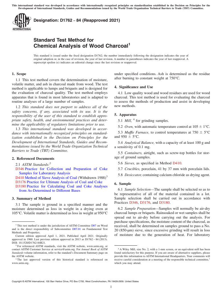 ASTM D1762-84(2021) - Standard Test Method for  Chemical Analysis of Wood Charcoal