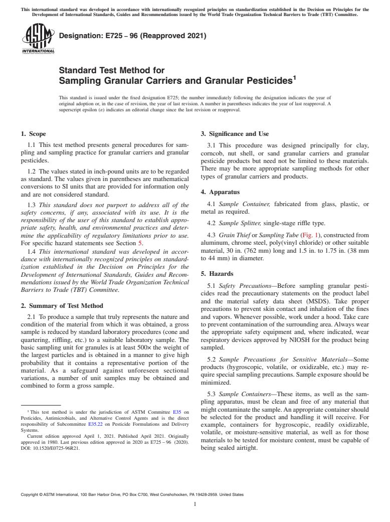 ASTM E725-96(2021) - Standard Test Method for  Sampling Granular Carriers and Granular Pesticides