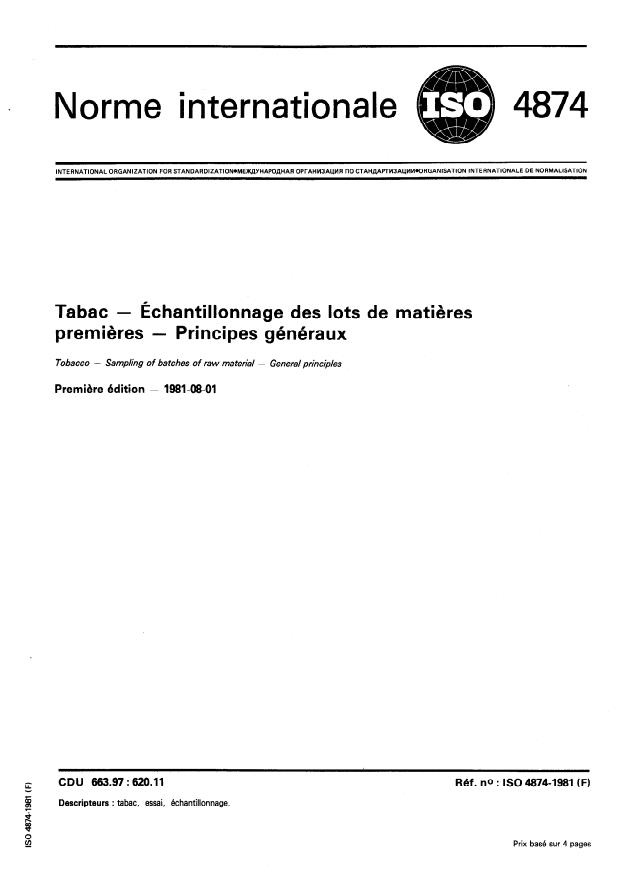 ISO 4874:1981 - Tabac -- Échantillonnage des lots de matieres premieres -- Principes généraux