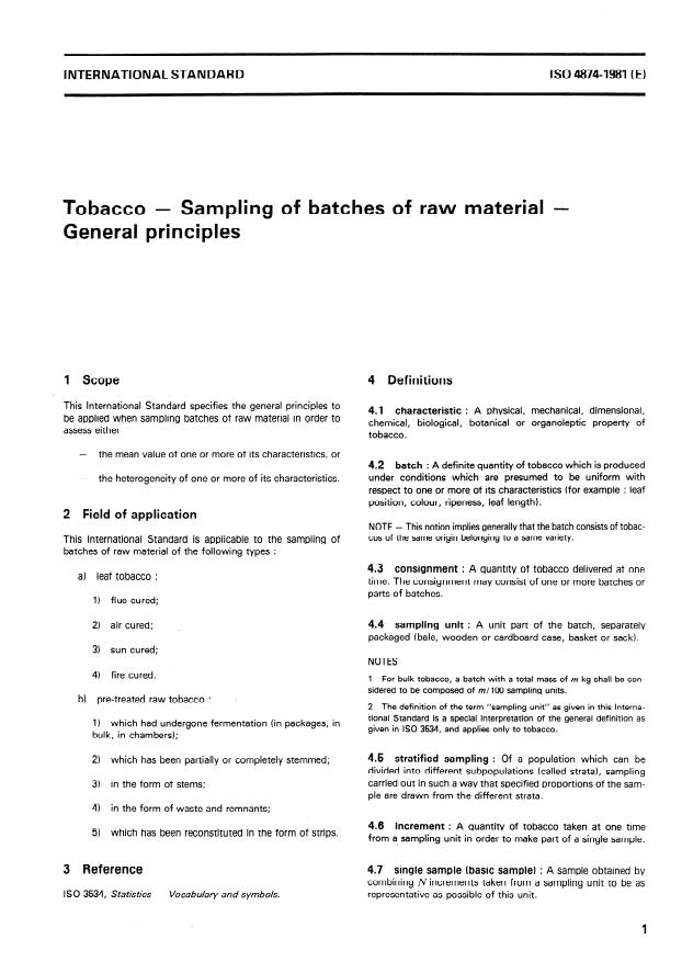 ISO 4874:1981 - Tobacco -- Sampling of batches of raw material -- General principles