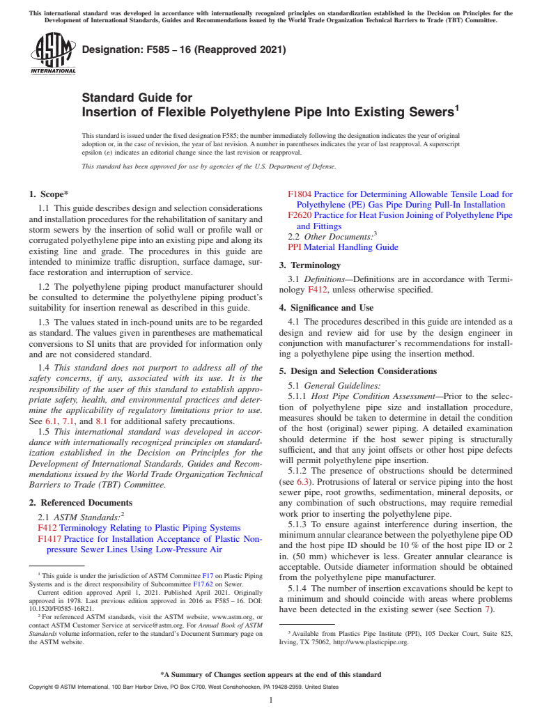 ASTM F585-16(2021) - Standard Guide for  Insertion of Flexible Polyethylene Pipe Into Existing Sewers