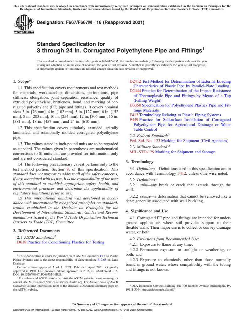 ASTM F667/F667M-16(2021) - Standard Specification for  3 through 24 in. Corrugated Polyethylene Pipe and Fittings