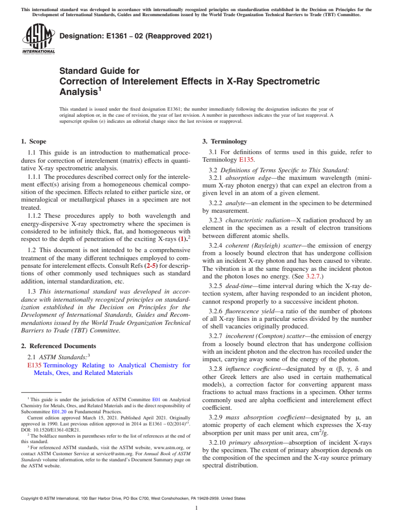 ASTM E1361-02(2021) - Standard Guide for  Correction of Interelement Effects in X-Ray Spectrometric Analysis