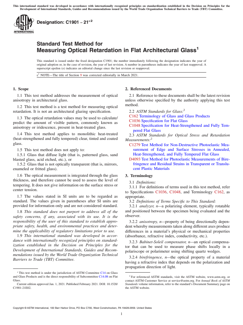 ASTM C1901-21e2 - Standard Test Method for Measuring Optical Retardation in Flat Architectural Glass