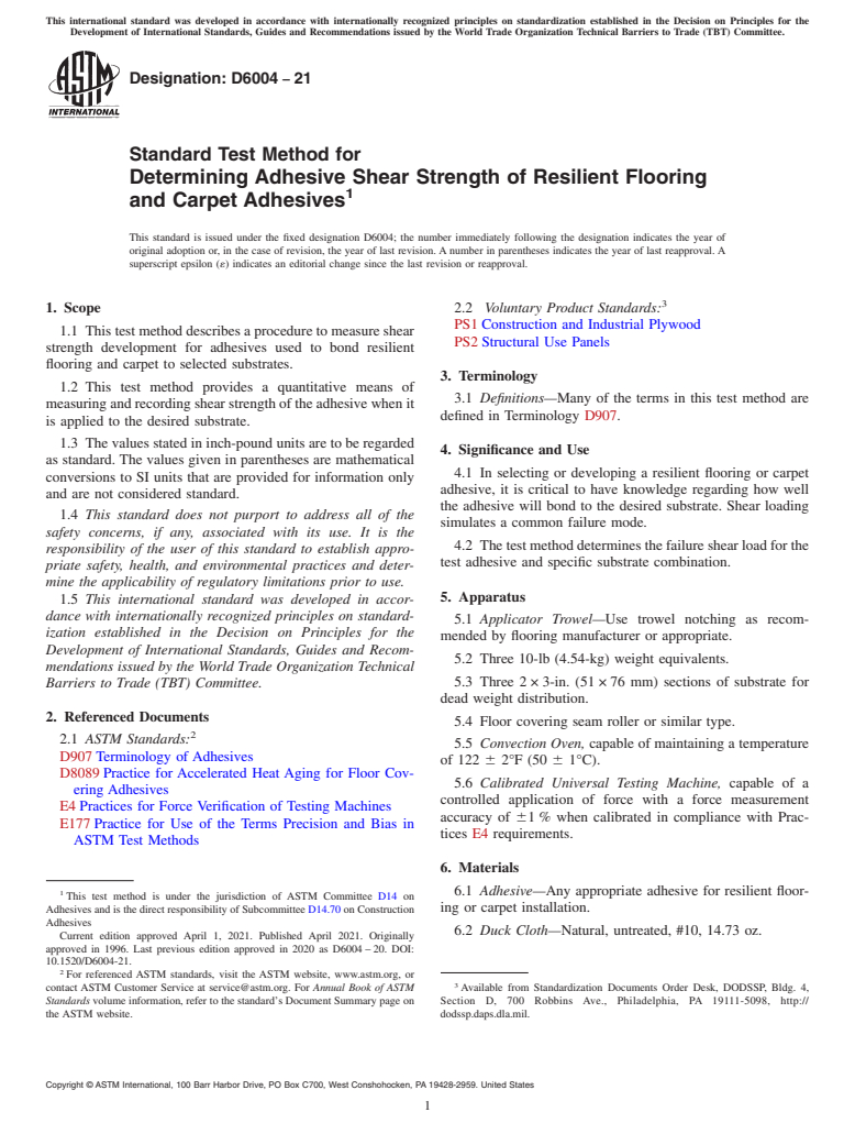 ASTM D6004-21 - Standard Test Method for  Determining Adhesive Shear Strength of Resilient Flooring and  Carpet Adhesives