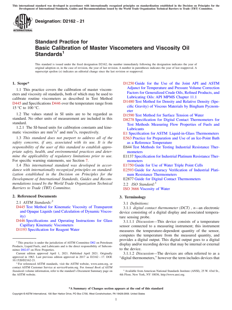 ASTM D2162-21 - Standard Practice for  Basic Calibration of Master Viscometers and Viscosity Oil Standards