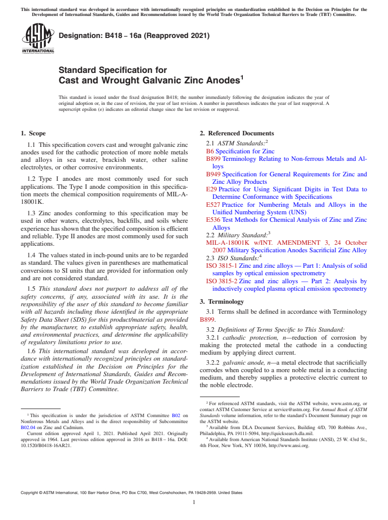 ASTM B418-16a(2021) - Standard Specification for Cast and Wrought Galvanic Zinc Anodes