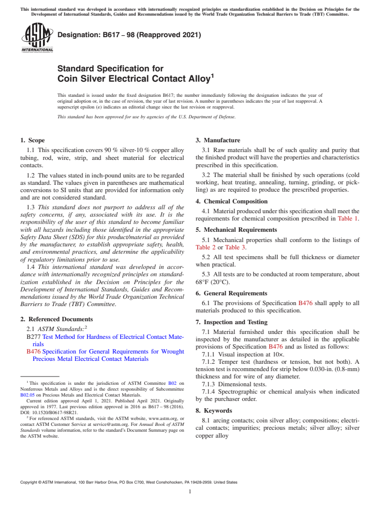 ASTM B617-98(2021) - Standard Specification for Coin Silver Electrical Contact Alloy