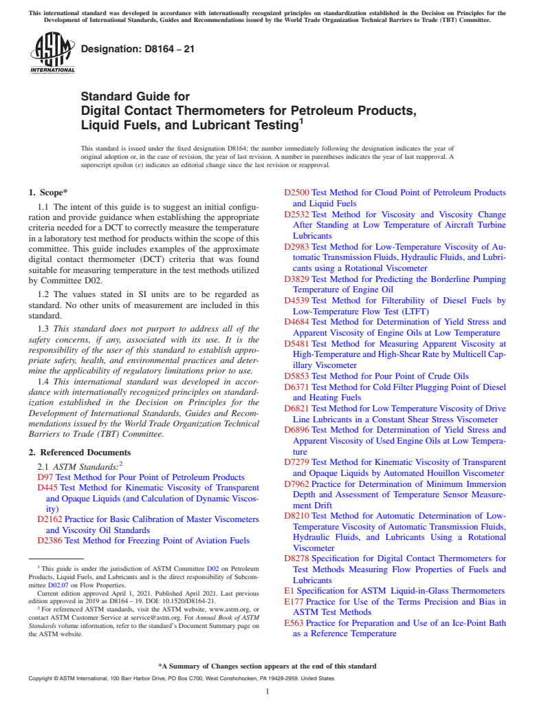 ASTM D8164-21 - Standard Guide for Digital Contact Thermometers for Petroleum Products, Liquid  Fuels, and Lubricant Testing