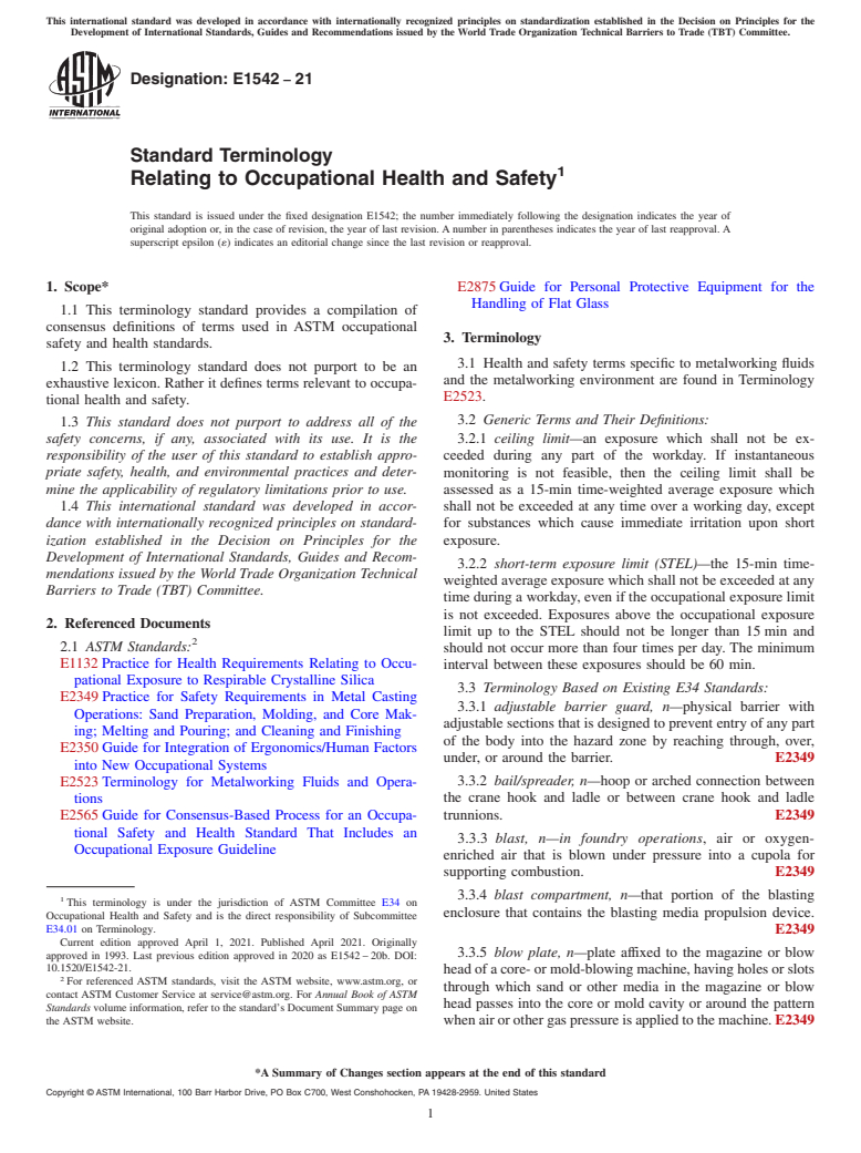 ASTM E1542-21 - Standard Terminology Relating to Occupational Health and Safety