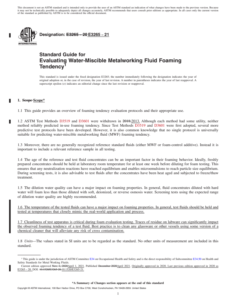 REDLINE ASTM E3265-21 - Standard Guide for Evaluating Water-Miscible Metalworking Fluid Foaming Tendency