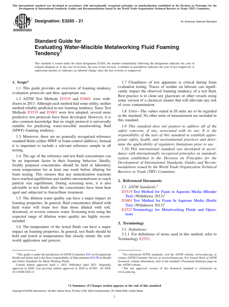 ASTM E3265-21 - Standard Guide for Evaluating Water-Miscible Metalworking Fluid Foaming Tendency