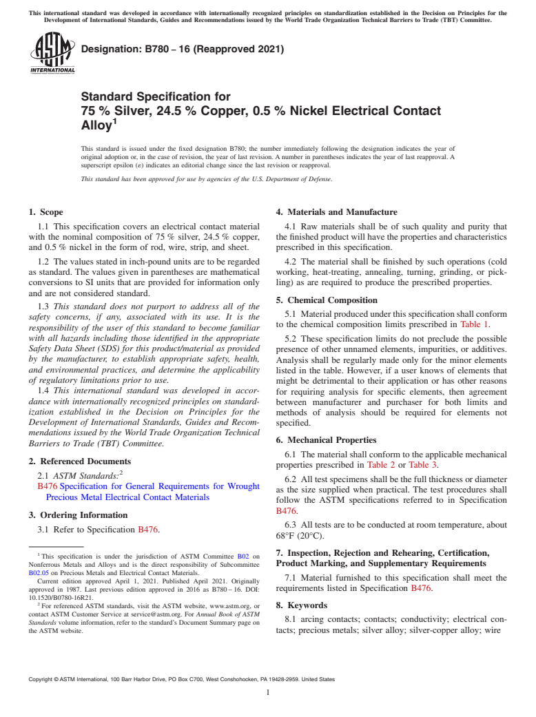 ASTM B780-16(2021) - Standard Specification for 75 % Silver, 24.5 % Copper, 0.5 % Nickel  Electrical Contact Alloy