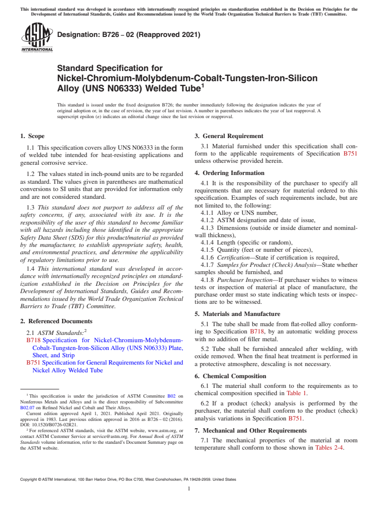 ASTM B726-02(2021) - Standard Specification for Nickel-Chromium-Molybdenum-Cobalt-Tungsten-Iron-Silicon Alloy  (UNS  N06333) Welded Tube