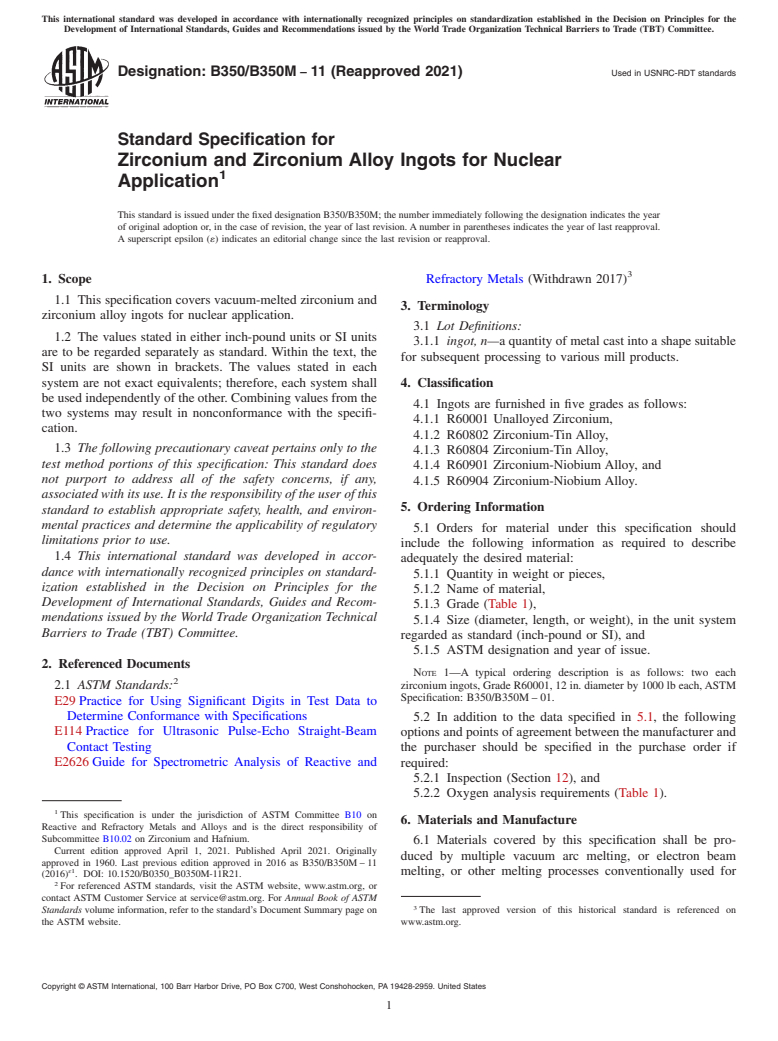 ASTM B350/B350M-11(2021) - Standard Specification for Zirconium and Zirconium Alloy Ingots for Nuclear Application