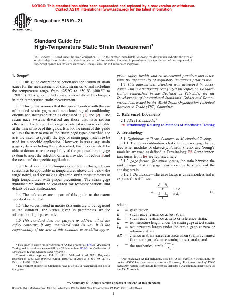 ASTM E1319-21 - Standard Guide for High-Temperature Static Strain Measurement