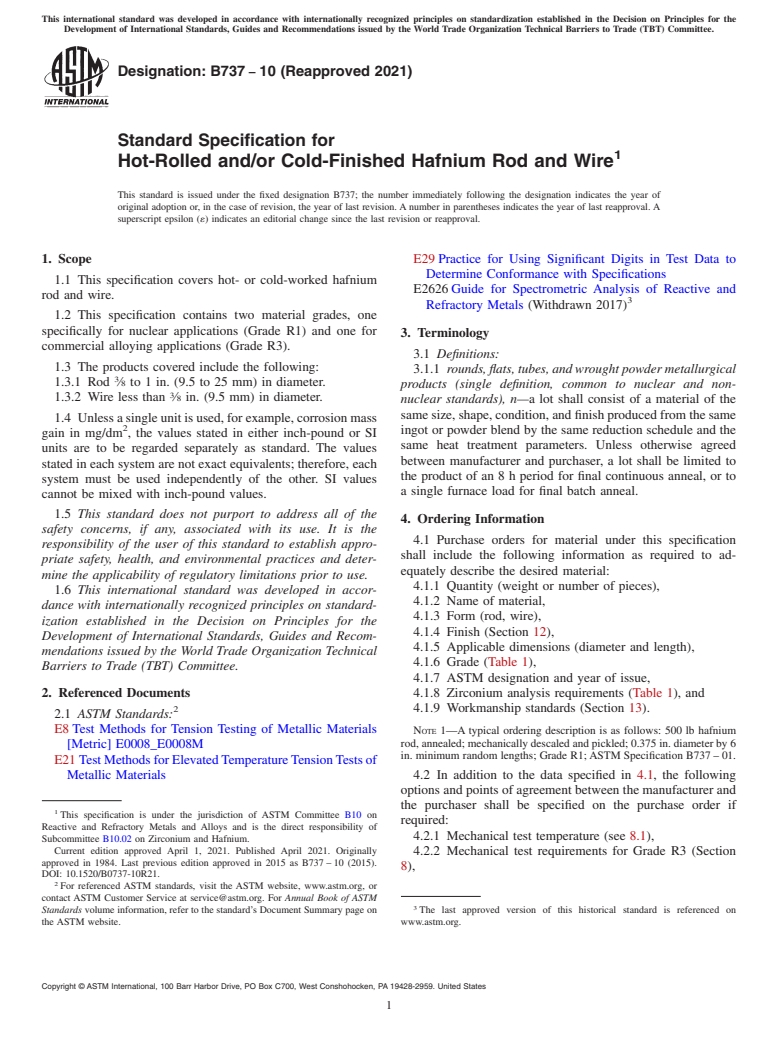 ASTM B737-10(2021) - Standard Specification for Hot-Rolled and/or Cold-Finished Hafnium Rod and Wire