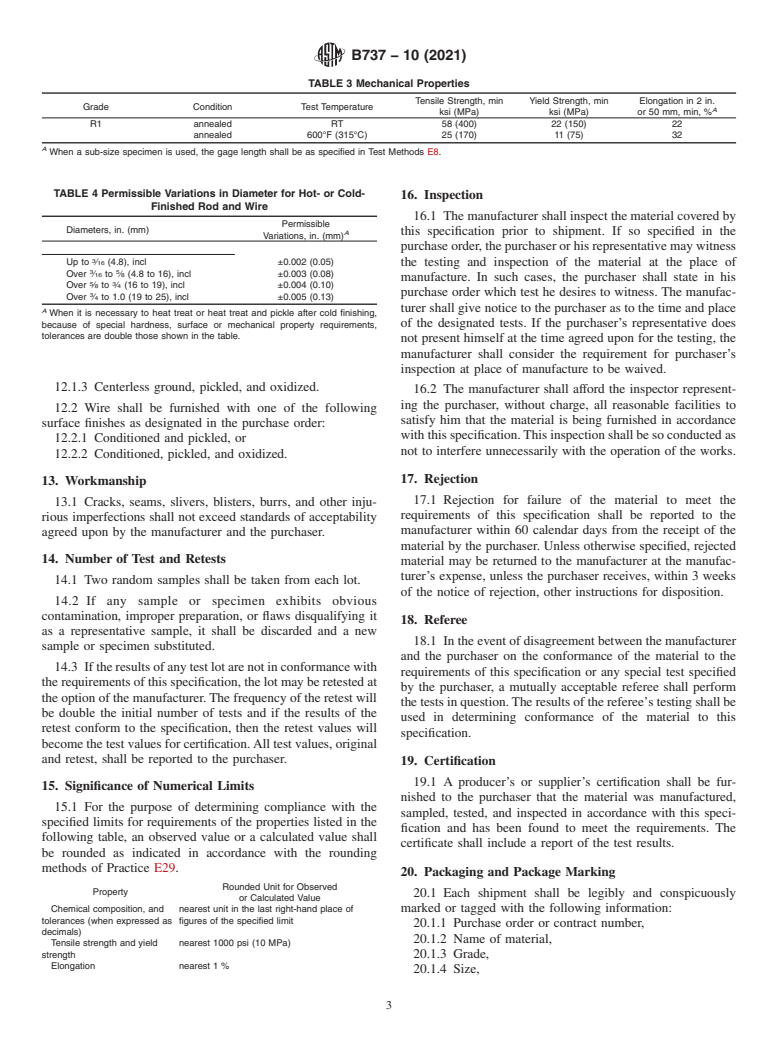 ASTM B737-10(2021) - Standard Specification for Hot-Rolled and/or Cold-Finished Hafnium Rod and Wire