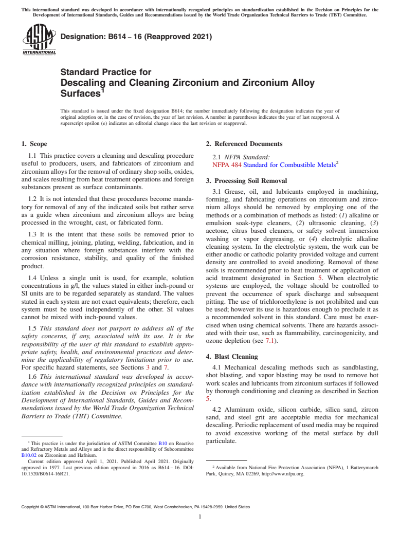 ASTM B614-16(2021) - Standard Practice for Descaling and Cleaning Zirconium and Zirconium Alloy Surfaces