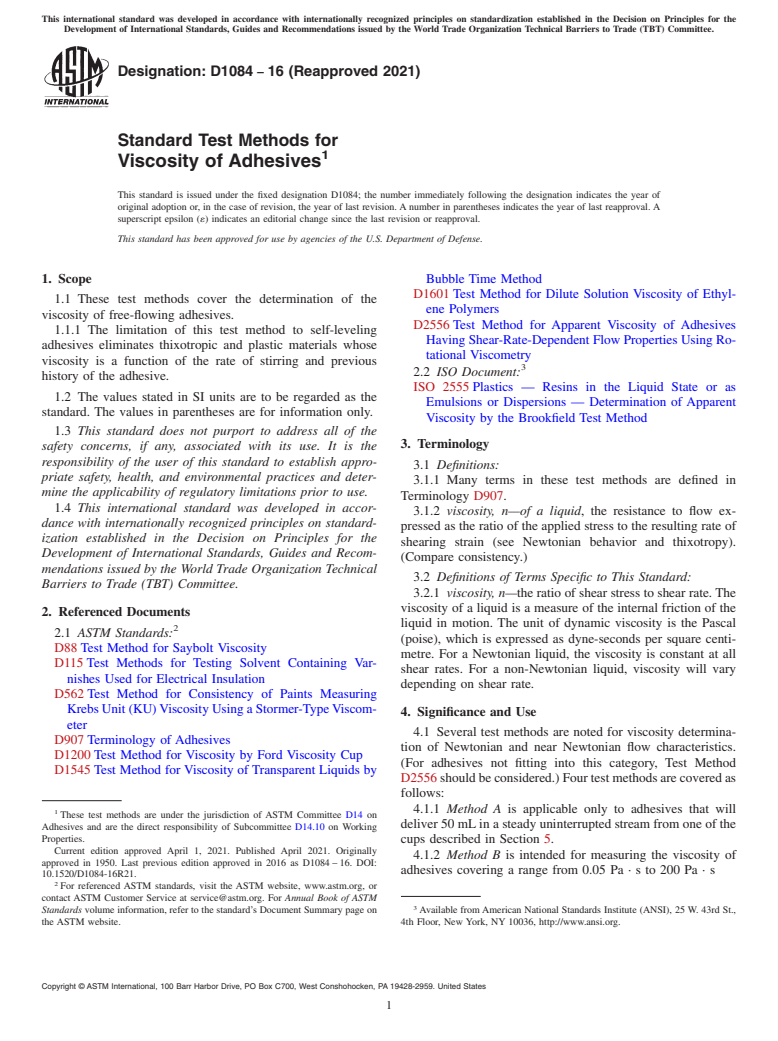 ASTM D1084-16(2021) - Standard Test Methods for Viscosity of Adhesives