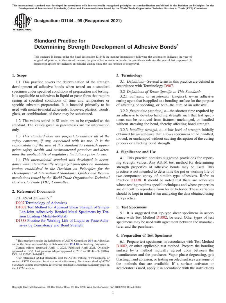 ASTM D1144-99(2021) - Standard Practice for Determining Strength Development of Adhesive Bonds