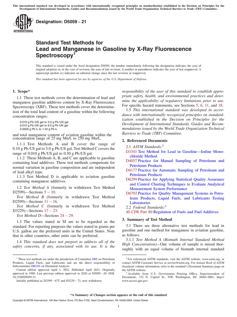 ASTM D5059-21 - Standard Test Methods for Lead and Manganese in Gasoline by X-Ray Fluorescence Spectroscopy
