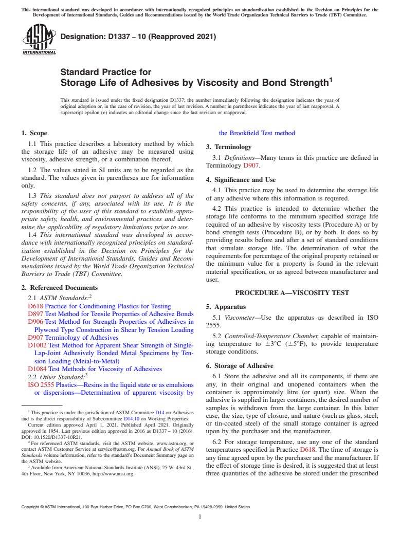 ASTM D1337-10(2021) - Standard Practice for Storage Life of Adhesives by Viscosity and Bond Strength