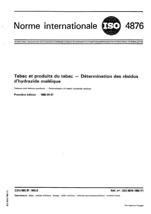 ISO 4876:1980 - Tabac et produits du tabac -- Détermination des résidus d'hydrazide maléique