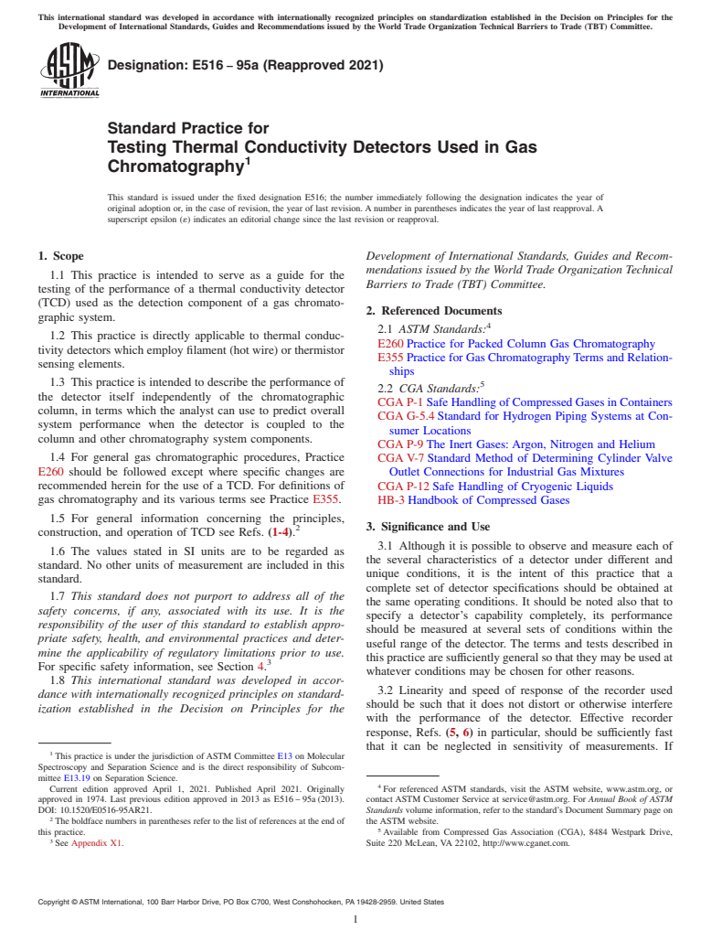 ASTM E516-95a(2021) - Standard Practice for Testing Thermal Conductivity Detectors Used in Gas Chromatography