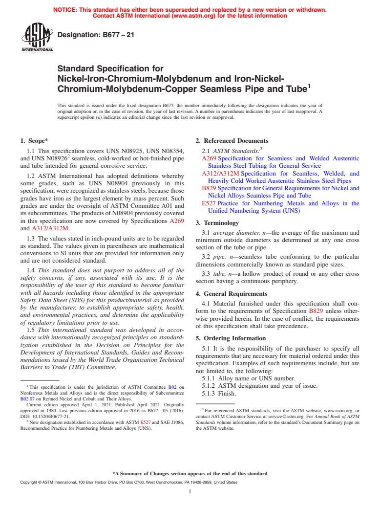 ASTM B677-21 - Standard Specification for Nickel-Iron-Chromium-Molybdenum and Iron-Nickel-Chromium-Molybdenum-Copper  Seamless Pipe and Tube