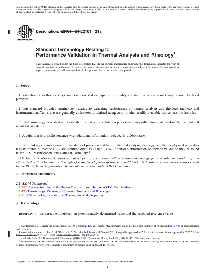 REDLINE ASTM E2161-21a - Standard Terminology Relating to  Performance Validation in Thermal Analysis and Rheology