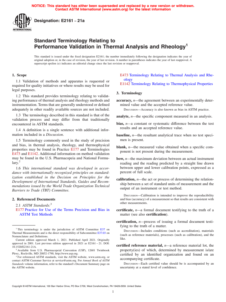 ASTM E2161-21a - Standard Terminology Relating to  Performance Validation in Thermal Analysis and Rheology