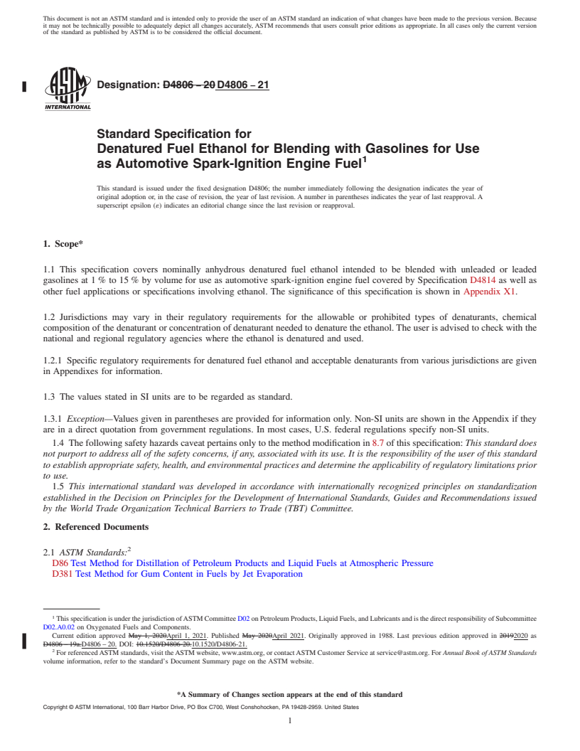 REDLINE ASTM D4806-21 - Standard Specification for Denatured Fuel Ethanol for Blending with Gasolines for Use  as Automotive Spark-Ignition Engine Fuel