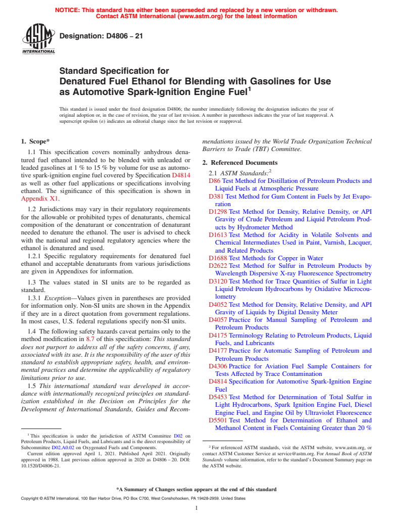 ASTM D4806-21 - Standard Specification for Denatured Fuel Ethanol for Blending with Gasolines for Use  as Automotive Spark-Ignition Engine Fuel