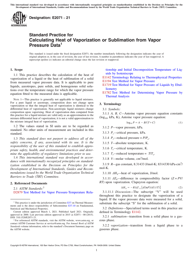 ASTM E2071-21 - Standard Practice for Calculating Heat of Vaporization or Sublimation from Vapor  Pressure Data