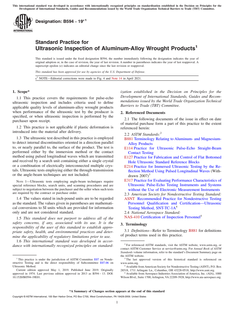 ASTM B594-19e1 - Standard Practice for  Ultrasonic Inspection of Aluminum-Alloy Wrought Products
