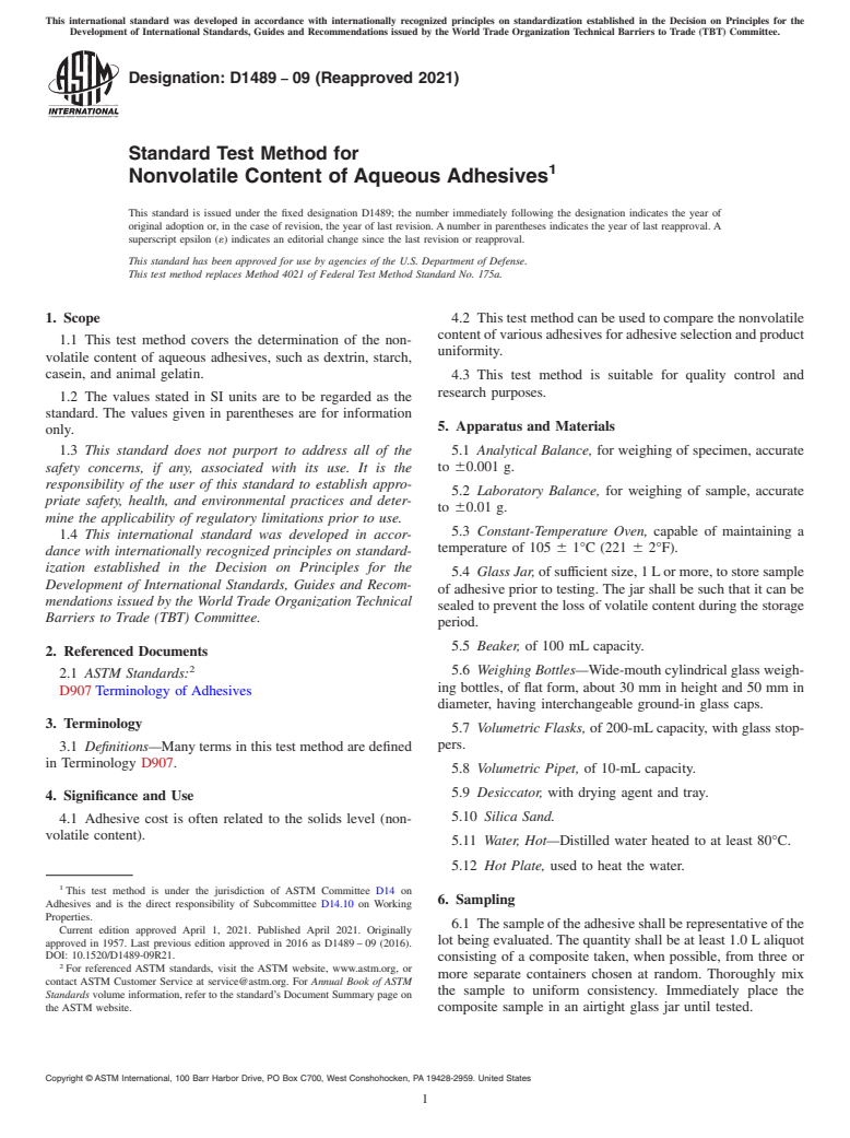 ASTM D1489-09(2021) - Standard Test Method for Nonvolatile Content of Aqueous Adhesives