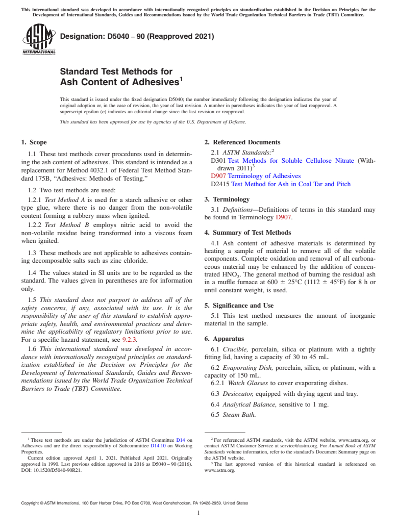 ASTM D5040-90(2021) - Standard Test Methods for Ash Content of Adhesives