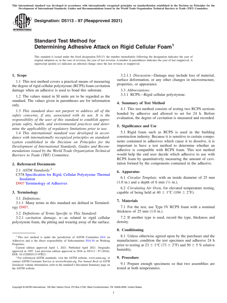 ASTM D5113-97(2021) - Standard Test Method for Determining Adhesive Attack on Rigid Cellular Foam