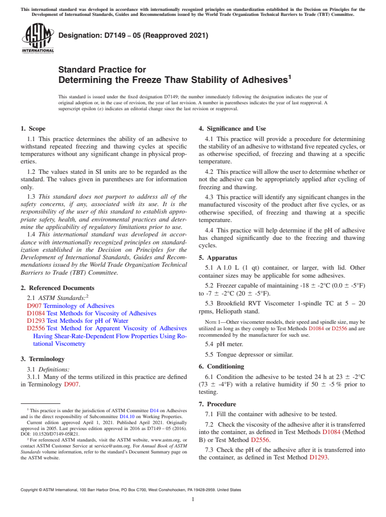 ASTM D7149-05(2021) - Standard Practice for Determining the Freeze Thaw Stability of Adhesives