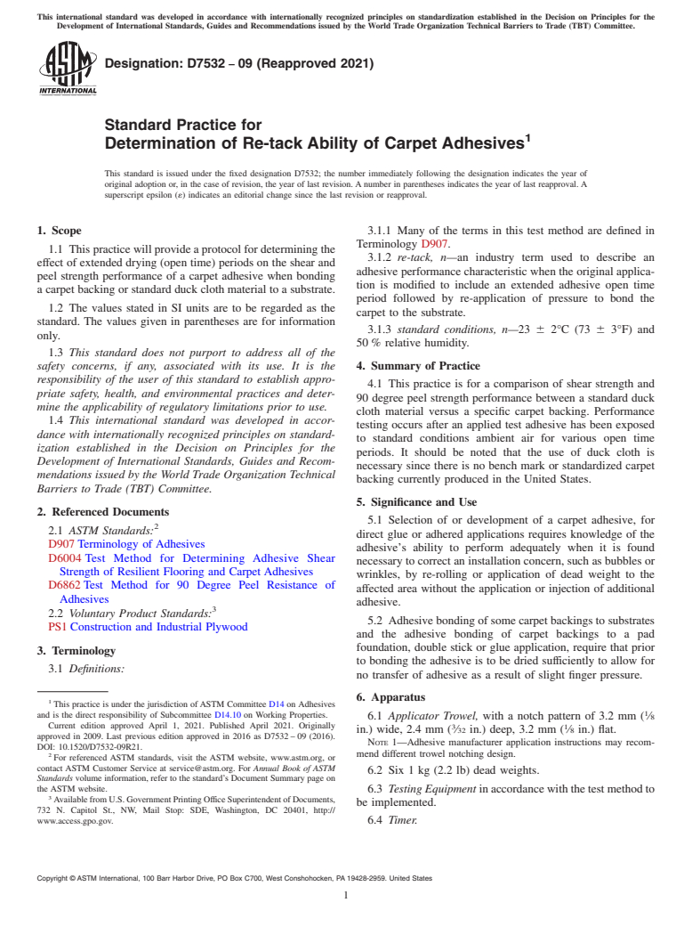 ASTM D7532-09(2021) - Standard Practice for Determination of Re-tack Ability of Carpet Adhesives