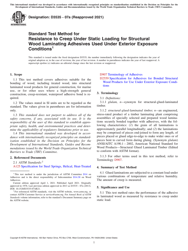 ASTM D3535-07a(2021) - Standard Test Method for Resistance to Creep Under Static Loading for Structural Wood  Laminating   Adhesives Used Under Exterior Exposure Conditions