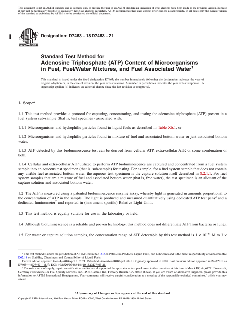 REDLINE ASTM D7463-21 - Standard Test Method for  Adenosine Triphosphate (ATP) Content of Microorganisms in Fuel,  Fuel/Water Mixtures, and Fuel Associated Water