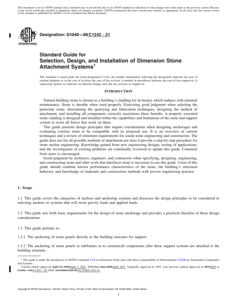 REDLINE ASTM C1242-21 - Standard Guide for  Selection, Design, and Installation of Dimension Stone Attachment  Systems