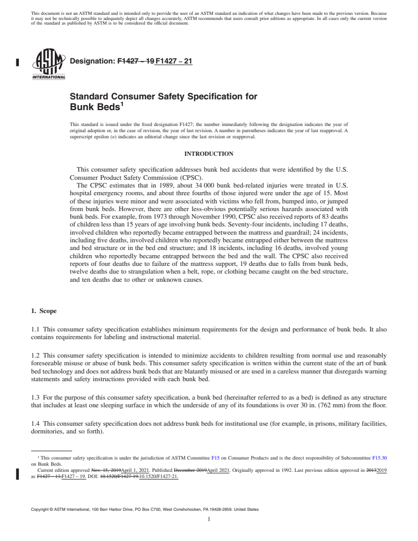 REDLINE ASTM F1427-21 - Standard Consumer Safety Specification for Bunk Beds