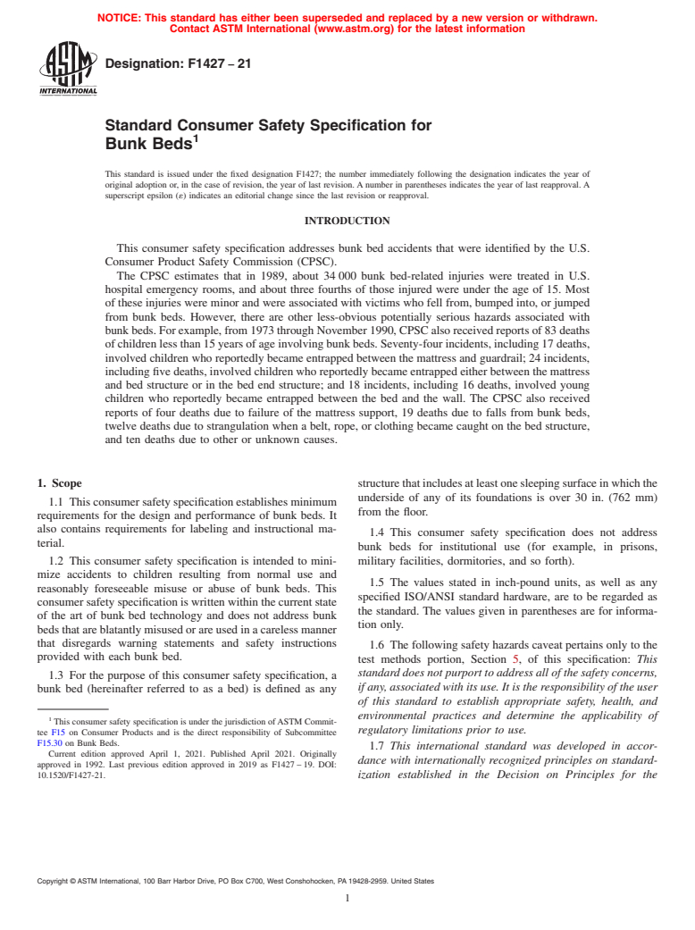 ASTM F1427-21 - Standard Consumer Safety Specification for Bunk Beds