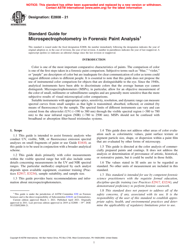 ASTM E2808-21 - Standard Guide for  Microspectrophotometry in Forensic Paint Analysis