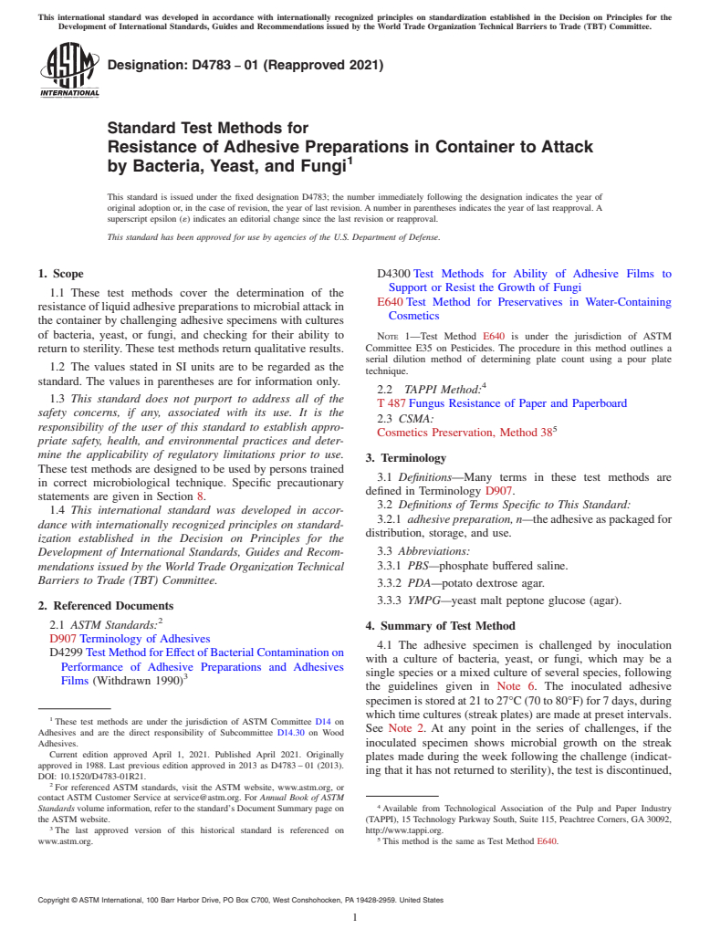 ASTM D4783-01(2021) - Standard Test Methods for Resistance of Adhesive Preparations in Container to Attack  by Bacteria,    Yeast, and Fungi