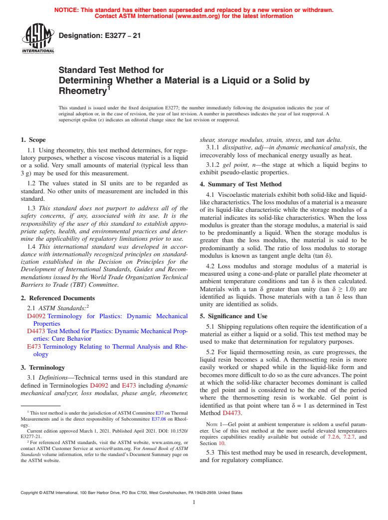 ASTM E3277-21 - Standard Test Method for Determining Whether a Material is a Liquid or a Solid by Rheometry