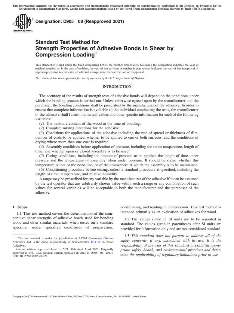 ASTM D905-08(2021) - Standard Test Method for Strength Properties of Adhesive Bonds in Shear by Compression  Loading